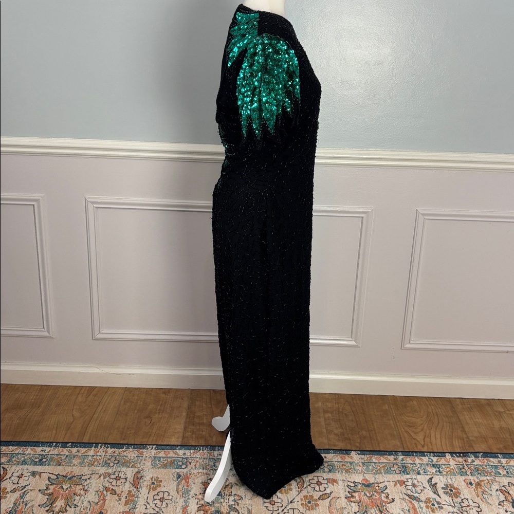 Vintage Carina Black Green Sequin Beaded Dress Size Medium 100% Silk Formal Sz M - Picture 6 of 15